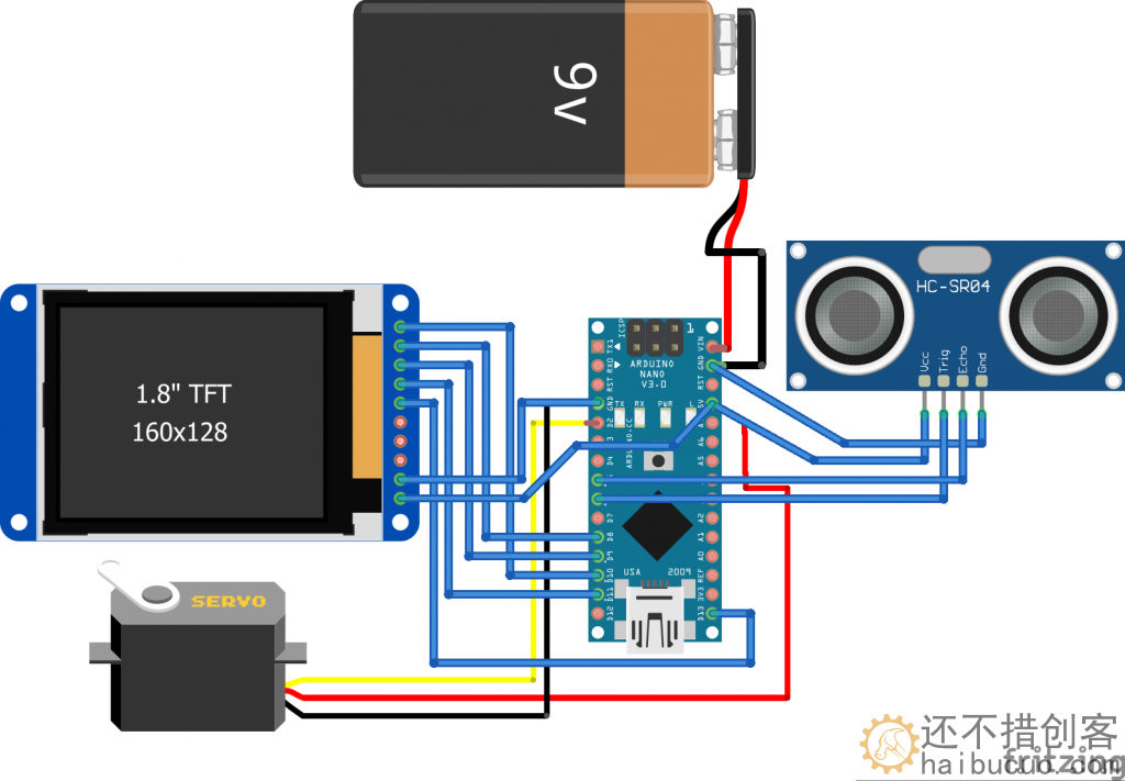 Arduino迷你雷达资料（含源文件固件、3D打印文件，电子元器件清单、接线图）